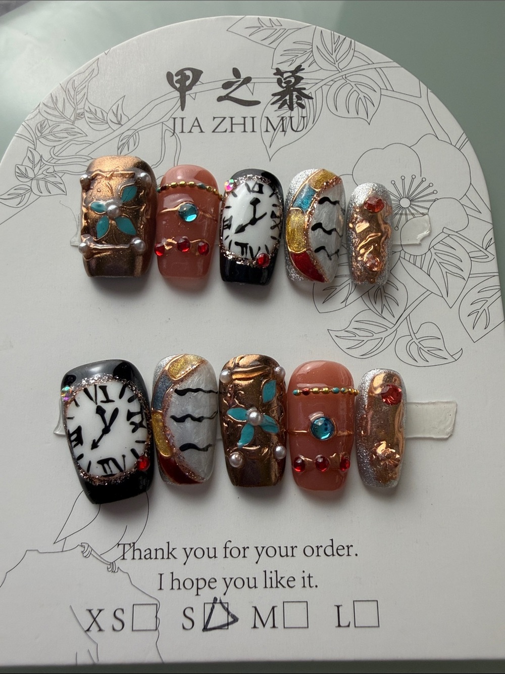 Brown & Gold Decorative Clock Press-On Nail Set - small